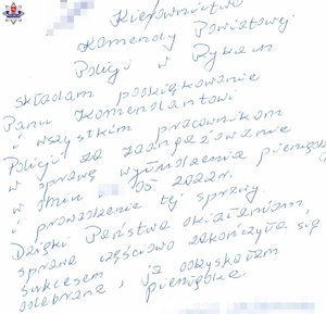 list z podziękowaniem od mieszkanki powiatu ryckiego.