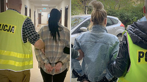 Policjanci prowadzą zatrzymane kobiety.