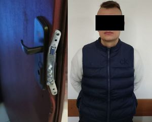 kolaż zdjęć przedstawiający uszkodzone drzwi i zatrzymanego poszukiwanego