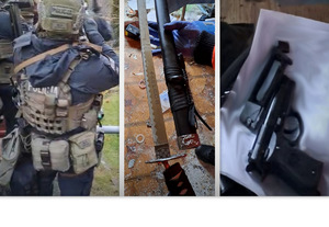 Kolaż zdjęć na których widać policyjnych kontrterrorystów oraz wiatrówkę i miecz.