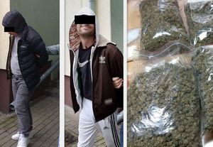 Kolaż zdjęć na których widać zatrzymanych mężczyzn oraz zabezpieczone narkotyki.