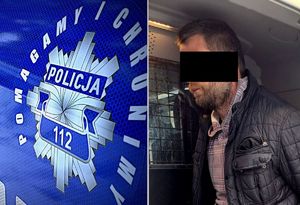 Kolaż zdjęć na którym widać zatrzymanego mężczyznę oraz logo policji z napisem pomagamy i chronimy 112.
