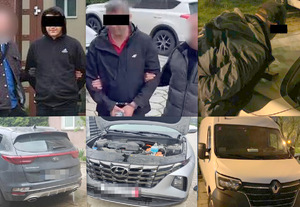 Kolaż zdjęć na których widać zatrzymanych mężczyzn oraz skradzione samochody.