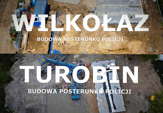 Zdjęcie z drona, które przedstawia budowy nowych posterunków w Wilkołazie i Turobinie.