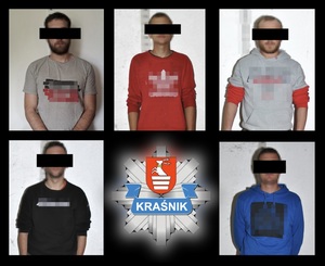 kolaż zdjęć pięciu zatrzymanych mężczyzn i logo kraśnickiej Policji