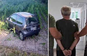 kolaż zdjęć: zatrzymany mężczyzna oraz pojazd w polu kukurydzy