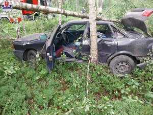 uszkodzony samochód w lesie