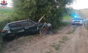 rozbity pojazd pod drzewami