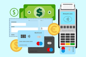 kolorowa animacyjna grafika ukazująca karty płatnicze i telefon
