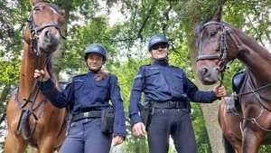 Dwoje policjantów z patrolu konnego oraz ich konie służbowe.