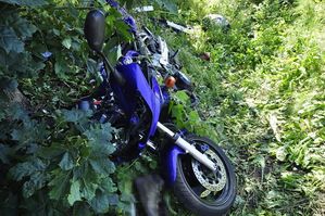 rozbity motocykl leżący w krzakach