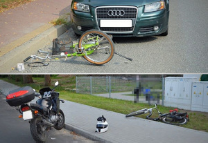 Kolaż zdjęć na którym widać motocykl, rowery i samochód osobowy biorące udział w wypadkach.
