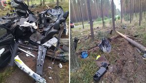 zdjęcia w wypadku BMW w lesie