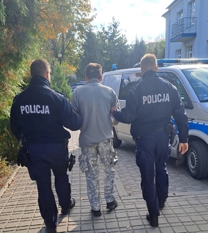 Dwóch policjantów doprowadza do radiowozu zatrzymanego mężczyznę. W tle budynek Komendy Powiatowej Policji we Włodawie, niebieskie niebo oraz drzewa z jesiennymi liśćmi