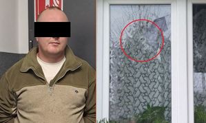 Kolaż zdjęć na których widać zatrzymanego mężczyznę oraz przestrzelone okno.