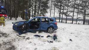 Niebieskie Subaru w lesie po wypadku