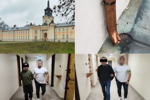 kolaż zdjęć dotyczących kradzieży rynien z pałacu