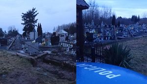 dwa zdjęcia dotyczące uszkodzenia ogrodzenia cmentarza