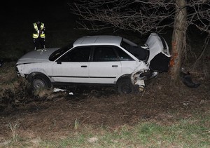 uszkodzony pojazd stoi przy drzewie