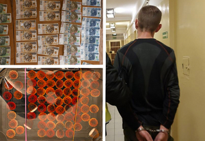 Kolaż zdjęć na których widać zabezpieczone narkotyki w żelkach, pieniądze oraz zatrzymanego mężczyznę.