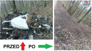 zdjęcie pokazuje miejsce w którym wywieziono śmieci przed i po uprzątnięciu