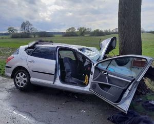 Na zdjęciu widać samochód osobowy marki Peugeot koloru srebrnego który ma uszkodzony przód w  wyniku zderzenia z drzewem