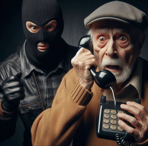 zdjęcie poglądowe przerażony staruszek z telefonem w dłoni w tle zamaskowany bandyta