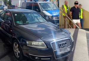 kolaż zdjęć przedstawiający zatrzymanego mężczyznę z policjantami oraz samochód Audi i radiowóz
