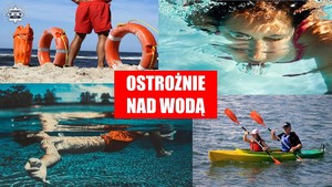 kolaż czterech  zdjęć: ratownik stojący na plaży, a obok niego 2 koła ratunkowe w piasku; 2 tonące osoby, dwoje kajakarzy płynących po zbiorniku wodnym