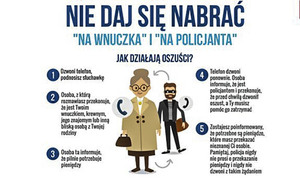 plakat z napisem nie daj się oszukać na wnuczka i na policjanta