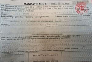 wypełniony blankiet mandatu karnego