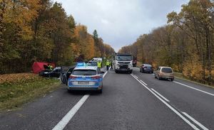 Śmiertelny wypadek na drodze. Pojazdy i policjanci