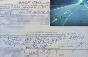 Fotografia przedstawia kolaż zdjęć na których widać mandat oraz stop klatkę z wideorejestratora z pojazdem przekraczającym dozwolona prędkość.