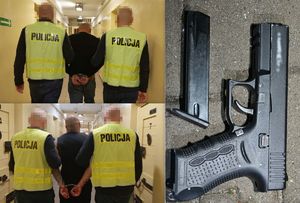 kolaż zdjęć przedstawiający policjantów i zatrzymanych mężczyzn oraz broń