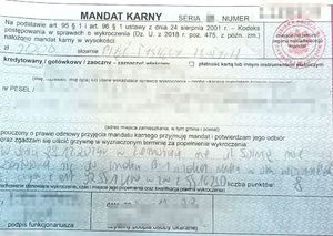 wypełniony mandant karny na 5 tysięcy złotych dla kierowcy za zignorowanie znaku B1