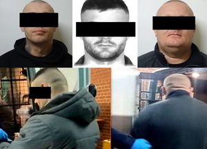 trzej zatrzymani poszukiwani przestępcy z czarnym paskiem na oczach. Na dole zdjęcia z konwoju