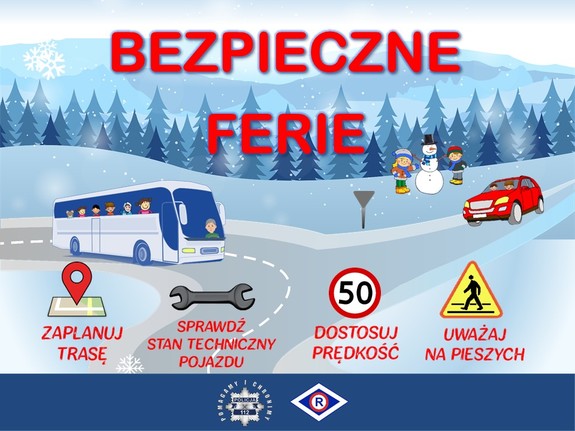 grafika akcji Bezpieczne ferie. Krajobraz zimowy, pojazdy, dzieci i logo policji