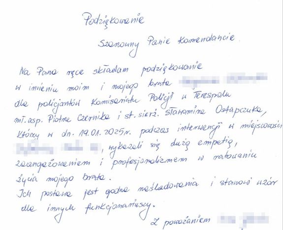 Zdjęcie przedstawia list do policjantów z podziękowaniem.