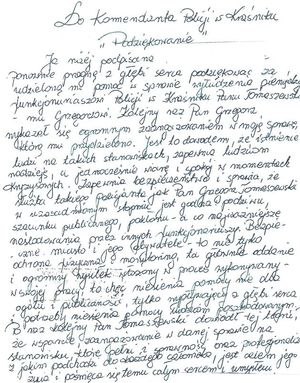 fragment listu z podziękowaniem