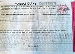 wypełniony blankiet mandatu karnego