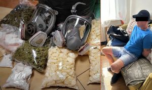 Zatrzymany mężczyzna oraz zabezpieczone narkotyki.