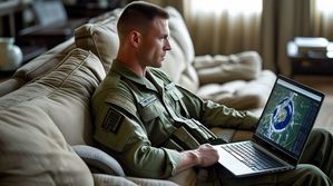 żołnierz przy laptopie. Zdjęcie wygenerowane przez sztuczną inteligencję