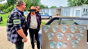 kolaż zdjęć. Zatrzymany mężczyzna, odzyskane pieniądze