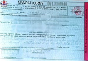 wypełniony blankiet mandatu karnego