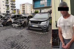 Trzy podpalone pojazdy. Obok sylwetka zatrzymanego 47-latka