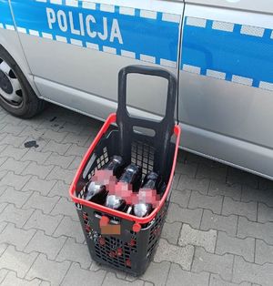 zakupowy koszyk z produktami przy radiowozie