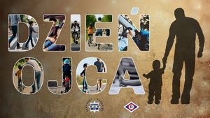Grafika z napisem Dzień Ojca, obok sylwetka ojca trzymającego za rękę małe dziecko