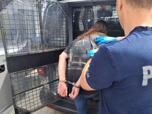 34-latek prowadzony do radiowozu przez policjanta