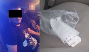 Kolaż zdjęć na których widać zatrzymanego mężczyznę oraz zabezpieczone pieniądze.