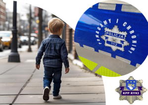 Kolaż zdjęć grafika samotnie spacerującego chłopca ulicą oraz logo policji z napisem pomagamy i chronimy oraz logo Komendy Powiatowej Policji w Rykach